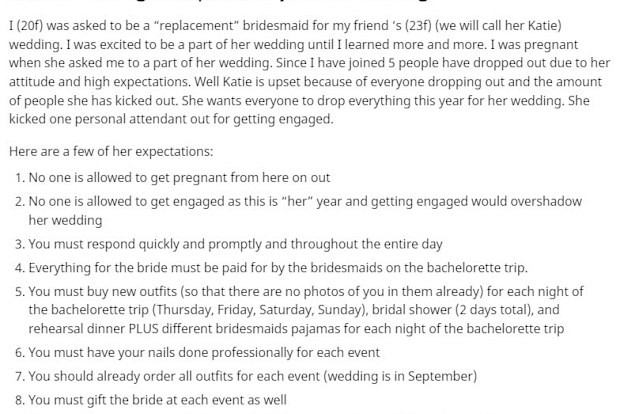 Bride explains dilemma on Reddit about list of rules