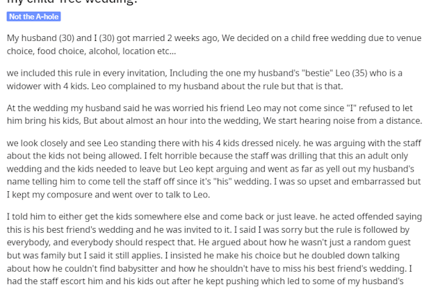 Child-free wedding post on Reddit