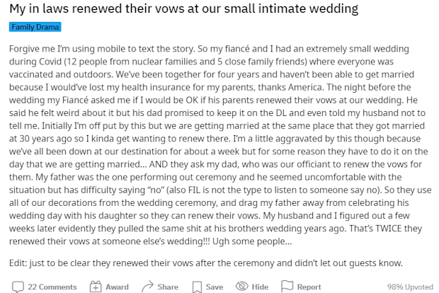 The bride has recalled the incident on Mumsnet.
