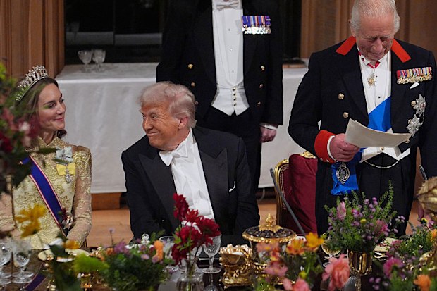 WINDSOR, ENGLAND - SEPTEMBER 17: King Charles III delivers his speech as US President Donald Trump and Catherine, Princess of Wales listen during the State Banquet at Windsor Castle for the State visit by the President of the United States of America on September 17, 2025 in Windsor, England. President Trump is in England from Sept. 16-18 on his second UK state visit, with the previous one taking place in 2019 during his first presidential term. (Photo by Yui Mok - WPA Pool/Getty Images)