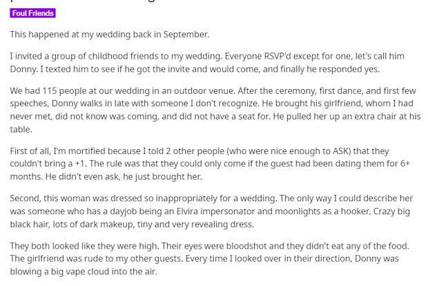 The wronged bride has shared her story on Reddit.