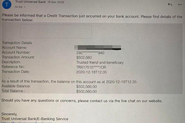 A screenshot of the fraudulent bank account which appeared to show a balance of more than half a million dollars.