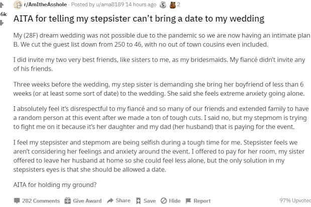 Bride explains wedding problem stepsister on Reddit