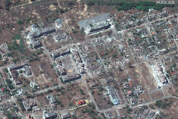 This satellite image provided by Maxar Technologies shows destroyed buildings in Rubizhne, Ukraine near Severodonetsk, on Monday, June 6, 2022.