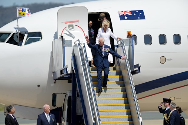 King Charles III and Queen Camilla arrive for a visit in Canberra at an Defence Establishment Fairbairn on October 21, 2024 in Canberra, Australia. The King's visit to Australia is his first as monarch, and the Commonwealth Heads of Government Meeting (CHOGM) in Samoa will be his first as head of the Commonwealth.  