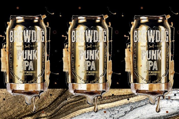 Promotional images of the golden beer cans produced by BeerDog.