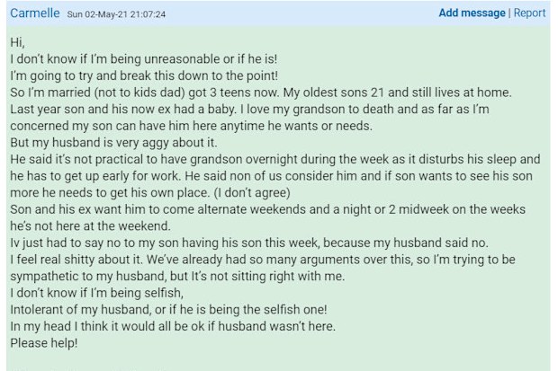She has shared her dilemma on Mumsnet.