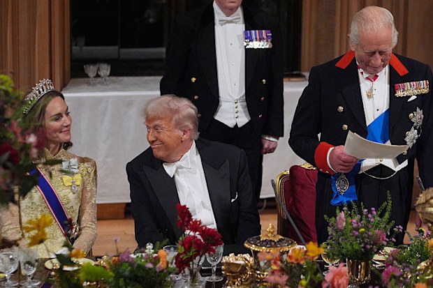WINDSOR, ENGLAND - SEPTEMBER 17: King Charles III delivers his speech as US President Donald Trump and Catherine, Princess of Wales listen during the State Banquet at Windsor Castle for the State visit by the President of the United States of America on September 17, 2025 in Windsor, England. President Trump is in England from Sept. 16-18 on his second UK state visit, with the previous one taking place in 2019 during his first presidential term. (Photo by Yui Mok - WPA Pool/Getty Images)