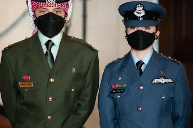 Prince Hashem and Princess Salma  before leaving to attend a celebration marking ⁦‪Jordan‬⁩'s state centennial, held by the Jordan Armed Forces-Arab Army and security agencies.