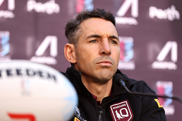 PERTH, AUSTRALIA - JUNE 25: Billy Slater, coach of the Maroons addresses the media during a State of Origin media opportunity at Forrest Place  on June 25, 2022 in Perth, Australia. (Photo by Paul Kane/Getty Images)