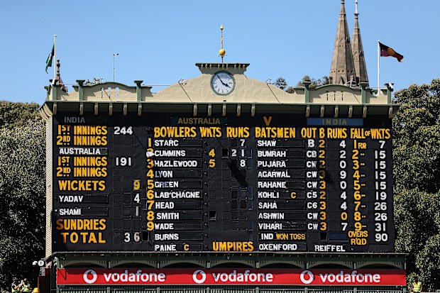 The old scoreboard at the end of the Indian second innings.