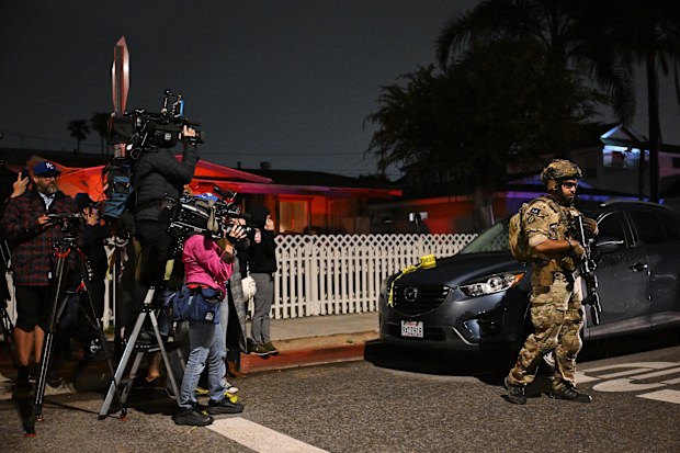 FBI officers at an address connected to Cole Tomas Allen, the shooting suspect at the White House Correspondents Dinner in Torrance, California.