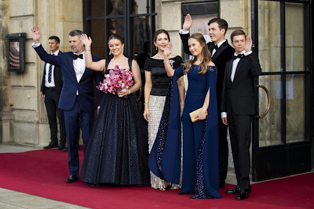 King Frederik X, Princess Isabella, Queen Mary, Princess Josephine, Crown Prince Christian and Prince Vincent, arrive as Princess Isabella's 18th birthday is celebrated with a birthday performance at the Royal Theatre's Old Stage in Copenhagen on Tuesday, April 15, 2025. 