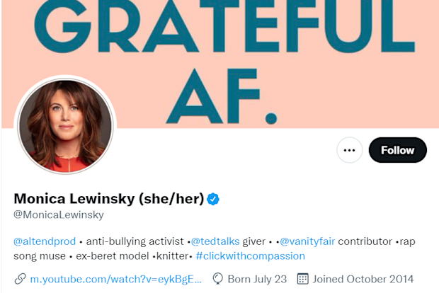Monica Lewinsky's twitter profile where she calls herself a "rap song muse".