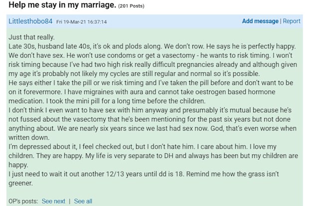 Mumsnet post unhappy wife thinking of leaving husband