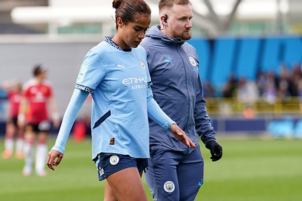 Manchester City's Mary Fowler leaves the pitch with an injury during the Adobe Women's FA Cup semi-final match against Manchester United.