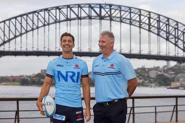 Jake Gordon and Darren Coleman of the Waratahs at the 2023 Super Rugby Pacific launch.