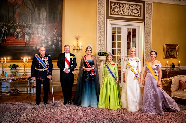 King Harald of Norway,  Queen Sonja of Norway, Crown Princess Mette-Marit of Norway and Princess Martha Louise of Norway host an official state banquet for King Willem-Alexander of The Netherlands and Queen Maxima of The Netherlands in the Royal Palace on the 9th November, 2021 in Oslo, Norway. The Dutch King and Queen are in Norway for a three day state visit. (Photo by Patrick van Katwijk/WireImage)
