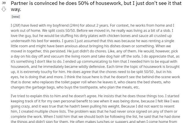 The woman has explained the imbalance of domestic duties on Reddit.