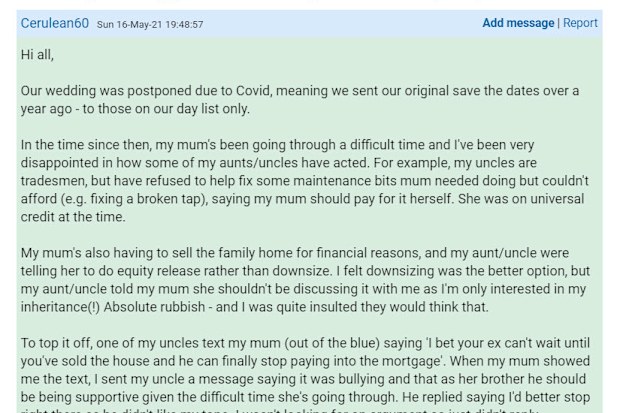 She has explained the complicated situation on Mumsnet.