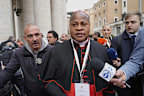 Cardinal Fridolin Ambongo Besungu arrives at the Vatican, Monday, May 5, 2025, to attend the General Congregation of cardinals in the New Synod Hall where they are preparing for the upcoming conclave starting on May 7, to elect the 267th Roman pontiff. (AP Photo/Gregorio Borgia)