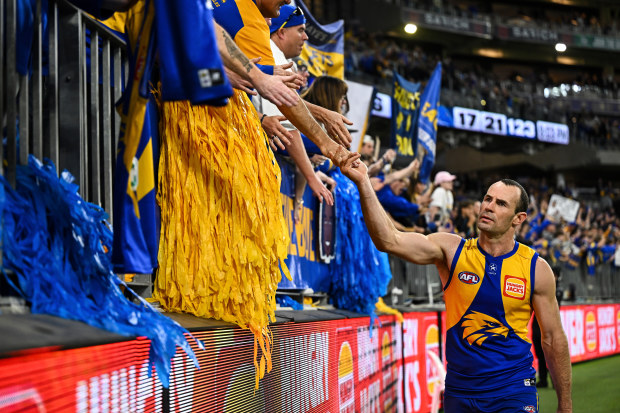 PERTH, AUSTRALIA - AUGUST 26: Shannon Hurn of the Eagles thank the fans during the 2023 AFL Round 24 match between the West Coast Eagles and the Adelaide Crows at Optus Stadium on August 26, 2023 in Perth, Australia. (Photo by Daniel Carson/AFL Photos via Getty Images)