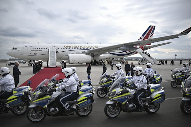 The plane with Britain's King Charles III and Camilla, the Queen Consort, has landed at the airport in Berlin, Wednesday, March 29, 2023. 