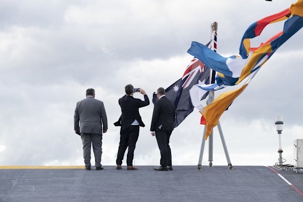 Deputy Prime Minister Richard Marles and US Secretary of the Navy, Carlos Del Toro, launch the bilateral military exercise, Talisman Sabre, on the HMAS Canberra on Garden Island, Sydney. July 21, 2023 Photo: Janie Barrett