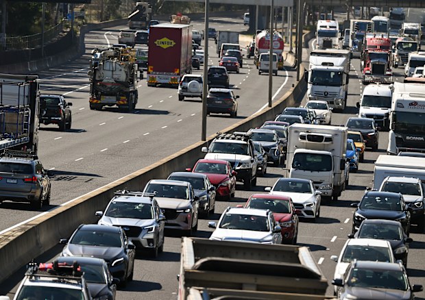 Cars and trucks, inbound traffic on the Monash freeway M1. 7th March 2025, 