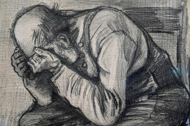 Detail of Study for "Worn Out", a drawing by Dutch master Vincent van Gogh, dated Nov. 1882, on public display for the first time at the Van Gogh Museum.