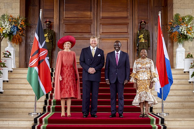 NAIROBI, KENYA - MARCH 18: King Willem-Alexander of the Netherlands and Queen Maxima of The Netherlands are welcomed by President William Ruto of Kenya and First Lady Rachel Ruth during an official welcome ceremony on day one of the state visit to Kenya at State House on March 18, 2025 in Nairobi, Kenya.  (Photo by Patrick van Katwijk/Getty Images)
