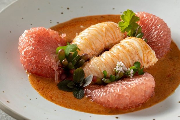 Paste Moreton Bay bug salad of pomelo, dehydrated endeavour prawns, lime juice, freshly squeezed coconut cream and Asian-Australian young shoots.