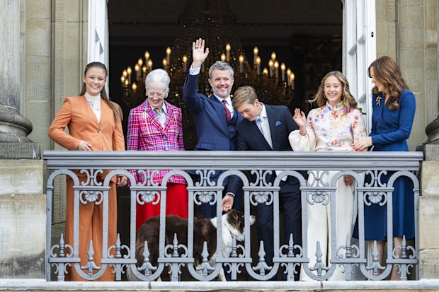 COPENHAGEN, DENMARK - MAY 26: (L-R)  Princess Isabella of Denmark, Queen Margrethe of Denmark, King Frederik X of Denmark, Prince Vincent of Denmark, Princess Josephine of Denmark, Queen Mary of Denmark and one of the Royal dogs appear on the balcony of Frederik VIII's Palace to celebrate the Kings's 57th birthday at Amalienborg Palace on May 26, 2025 in Copenhagen, Denmark.  (Photo by Martin Sylvest Andersen/Getty Images)