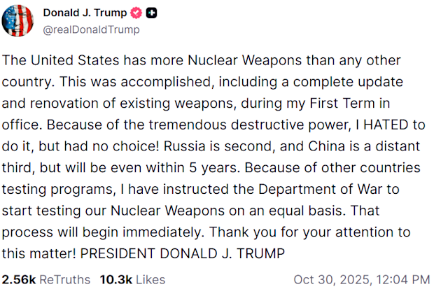 Donald Trump's Truth Social post ordering nuclear weapons test.