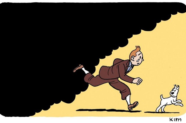 A drawing of Tintin fleeing smoke by cartoonist Kim.