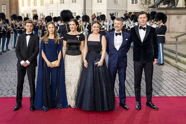 Denmark's Prince Vincent, Princess Josephine, Queen Mary, Princess Isabella, King Frederik X and  Crown Prince Christian arrive as Princess Isabella's 18th birthday is celebrated with a birthday performance at the Royal Theatre's Old Stage in Copenhagen on Tuesday, April 15, 2025.