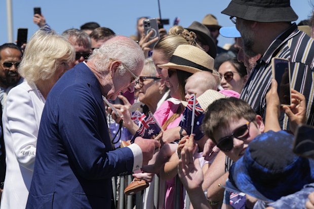 Britain's King Charles III, and Queen Camilla chats with public before they leave the Australian War Memorial in Canberra, Monday, Oct. 21, 2024. 