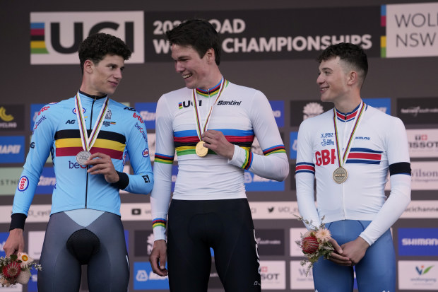Soren Waerenskjol, Alec Segaert and Leo Hayter display their medals from the men's under-23 individual time trial.