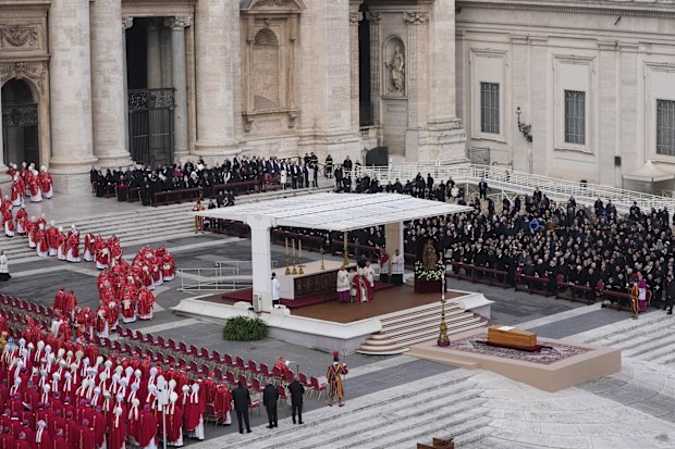 Pope Francis, centre, starts a funeral mass as the coffin of late Pope Emeritus Benedict XVI is placed at St. Peter's Square at the Vatican, Thursday, Jan. 5, 2023.  