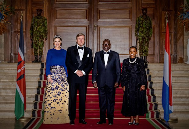 NAIROBI, KENYA - MARCH 18: King Willem-Alexander of the Netherlands and Queen Maxima of The Netherlands attend a state banquet offered by President William Ruto of Kenya and First Lady Rachel Ruth at State House on March 18, 2025 in Nairobi, Kenya.  (Photo by Patrick van Katwijk/Getty Images)