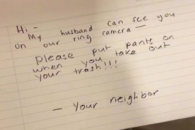 neighbour note about pants while taking out rubbish