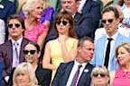 (L-R) Tom Cruise, Debbie Jevans, Bec Hewitt, Sophie Hunter, Philip Brook, Lleyton Hewitt, Benedict Cumberbatch and Chris Evert court-side of Centre Court during the men's final on day fourteen of the Wimbledon Tennis Championships at the All England Lawn Tennis and Croquet Club on July 14, 2024 in London 