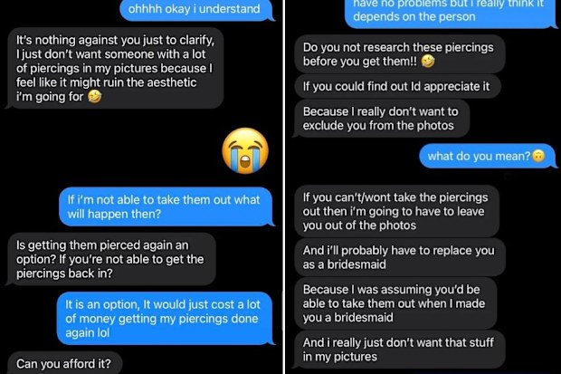 bride asks bridesmaid to remove piercing for wedding and photos