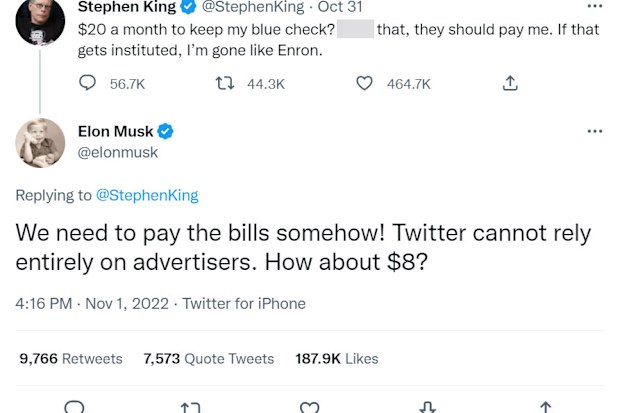 Elon Musk replies to author Stephen King on Twitter, about likely looming costs for the verified blue tick.