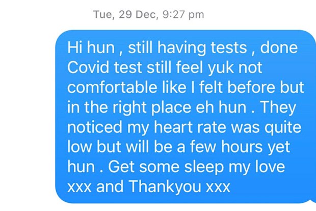The text message Jeremy Waaka sent to his wife Sarah Hawkins from hospital.