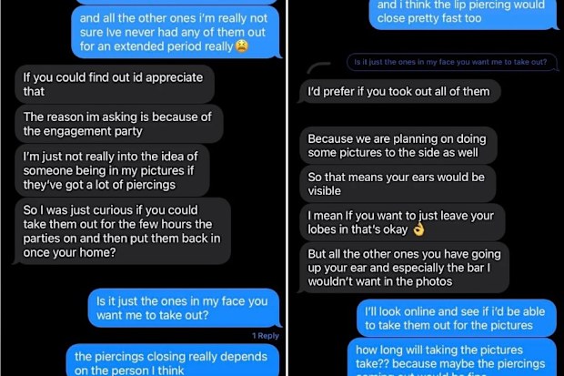 bride asks bridesmaid to remove piercing for wedding and photos