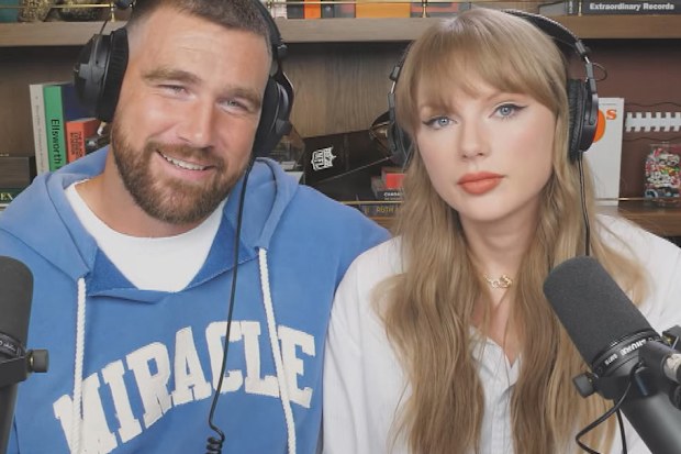 Taylor Swift and Travis Kelce on the New Heights podcast