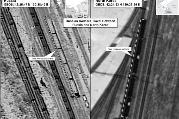 In this aerial graphic provided by the US Government, Russian railcars are seen travelling between Russia and North Korea