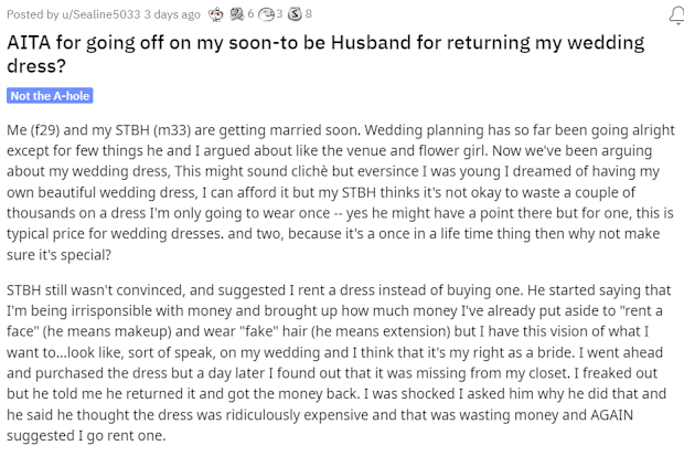 Groom returns expensive wedding dress Reddit