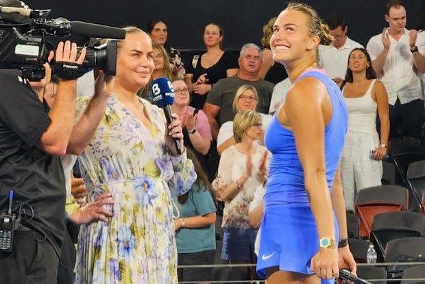 Jelena Dokic on the court interviewing tennis players for Nine.